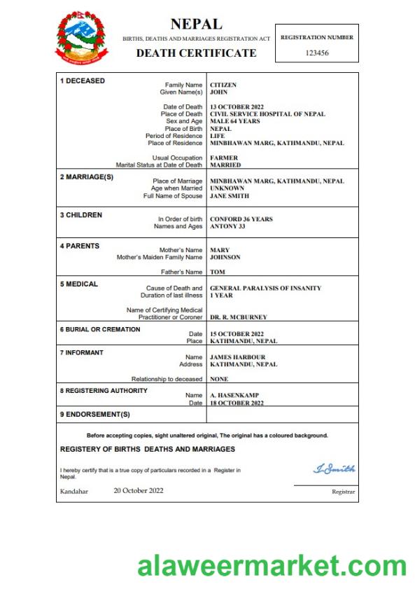 Nepal vital record death certificate Word and PDF template